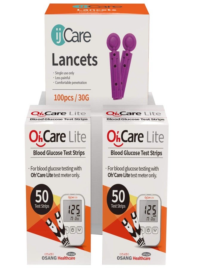 آي جيه كير جهاز قياس نسبة السكر في الدم Oh'Care Lite - شرائط اختبار الجلوكوز وإبر وخز لاختبار الدم - مستلزمات دقيقة وبأسعار معقولة لمرضى السكري (100 شريط + 100 إبرة وخز) - Image 1